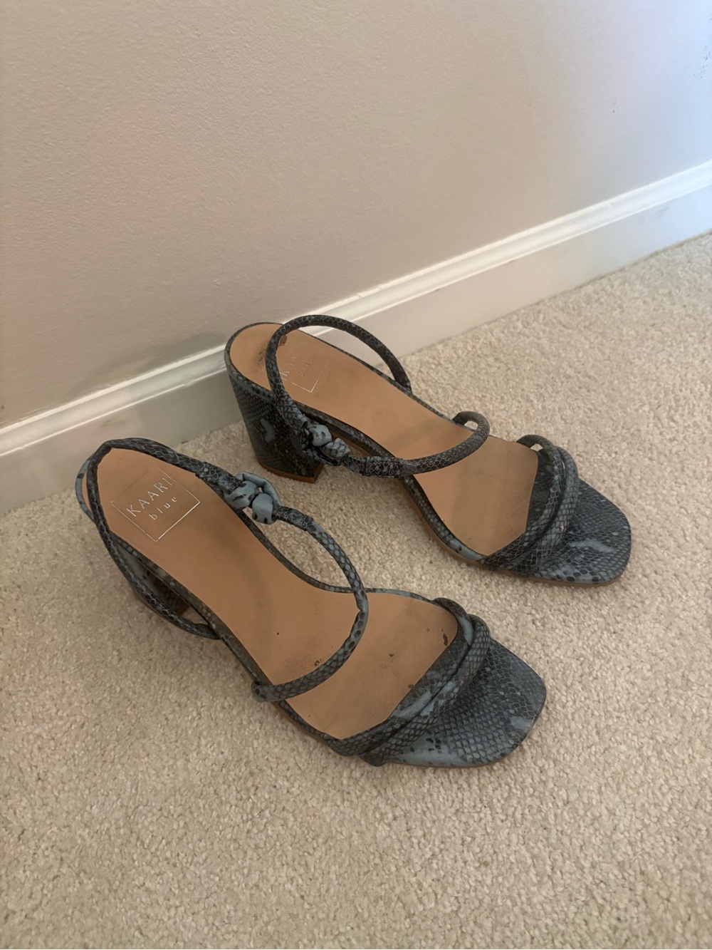 Kaari Blue Gray Snake-Print Block Heel Sandals